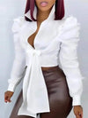BUTTONED PUFF SLEEVE TIED DETAIL TOP