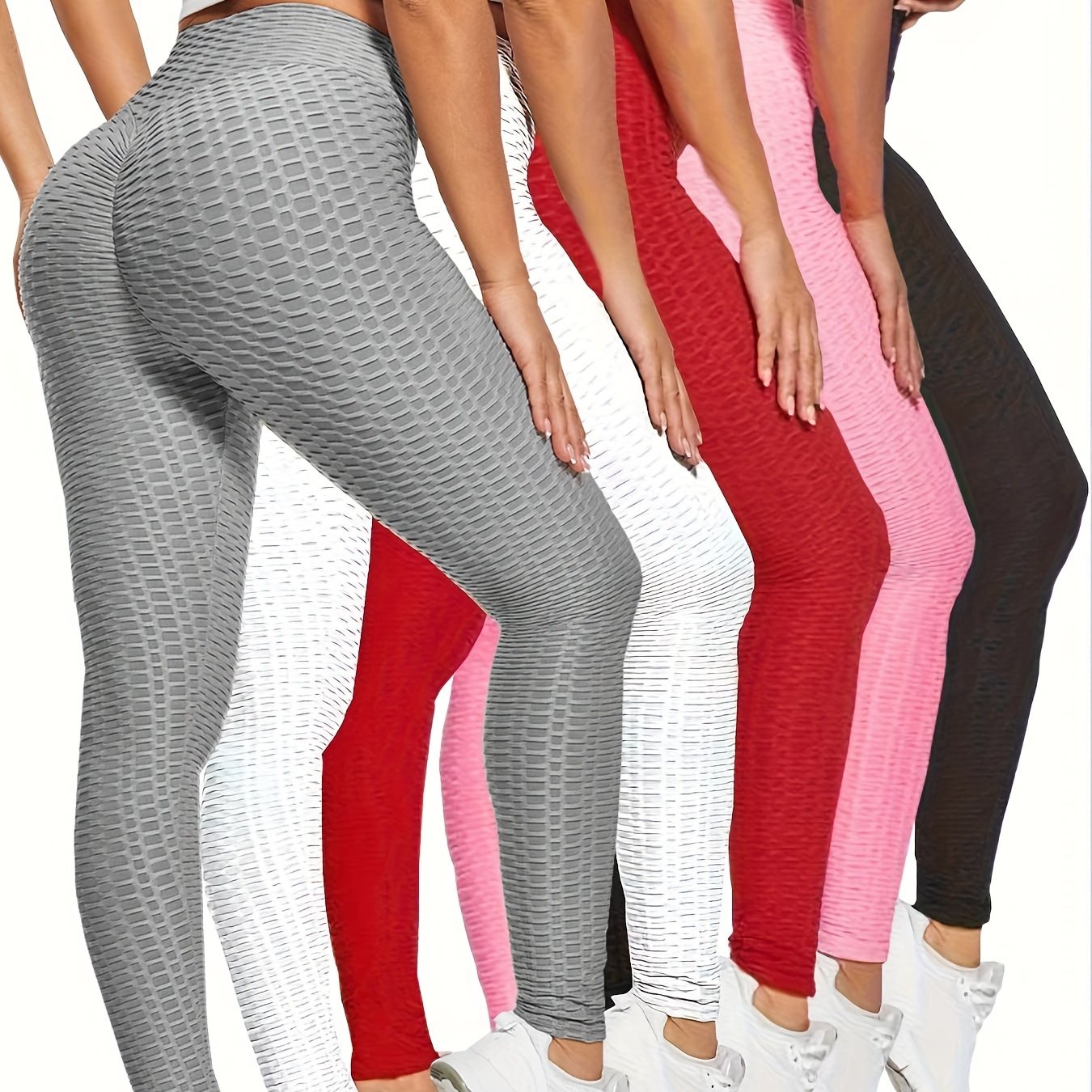 5pcs Honeycomb Sports Running Leggings, High Waist Fitness Yoga Tight Pants, Women's Activewear