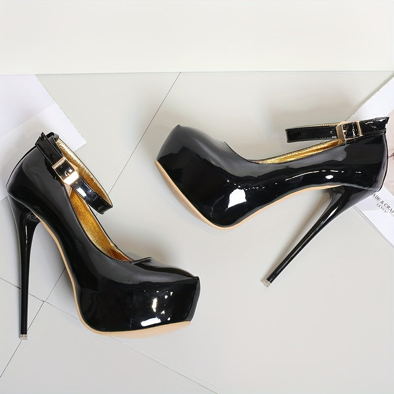 Ultra High Heel Stiletto Pumps - Sexy D-Orsay Design, Synthetic Leather Upper, Ankle Strap, Rubber Sole, Solid Color, Plain Toe - Perfect for Party & Club