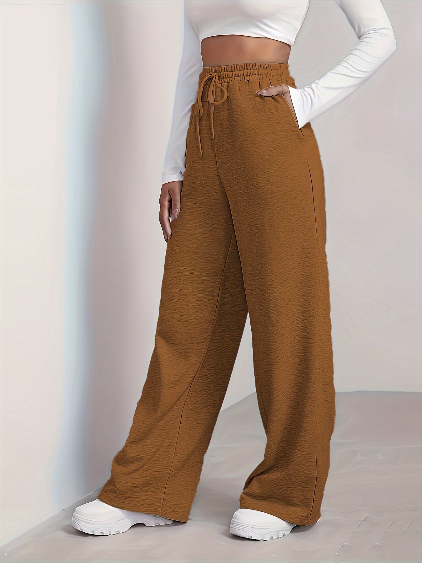Women's Brown Drawstring Joggers - Casual & Comfy Polyester Sweatpants with Pockets, Mid-Rise, All-Season Wear
