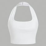 Women's White Halter Neck Sports Crop Top - Stretchy Breathable Backless Tank Top for Summer Workouts & Casual Wear, Machine Washable Sleeveless Shirt, Gym Apparel, Smooth Texture