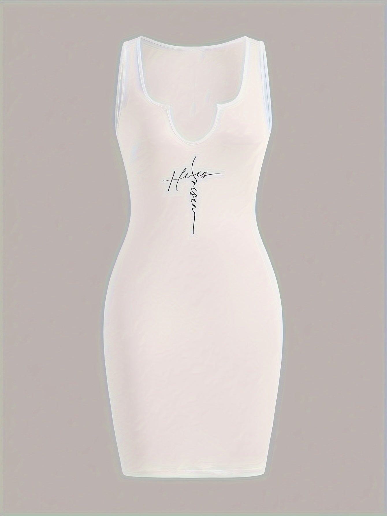 Letter Print Sleeveless Dress, Sexy Notched Neck Bodycon Tank Dress For Spring & Summer, Women's Clothing