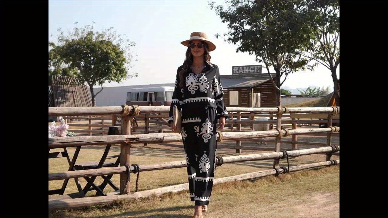 2pcs Elegant Special Set for Women with Random Print Front Button Long Sleeve Top and Pants Casual Suit