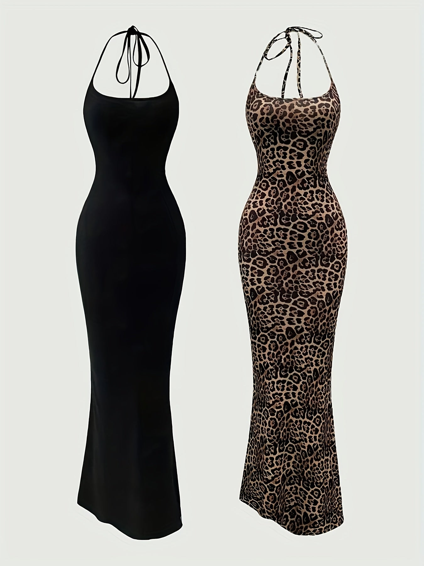 2pcs Women’s Elegant Halter Neck Backless Knit Dresses, Long Mermaid Tail, Stretchy Polyester & Elastane Blend, Solid Black and Leopard Print, Machine Washable, All-Season Bodycon Design, Versatile Fashion | Backless Gown |