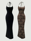 2pcs Women’s Elegant Halter Neck Backless Knit Dresses, Long Mermaid Tail, Stretchy Polyester & Elastane Blend, Solid Black and Leopard Print, Machine Washable, All-Season Bodycon Design, Versatile Fashion | Backless Gown |