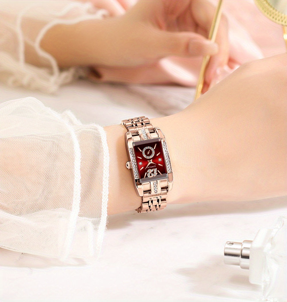 Stainless Steel Women's Luxury Watch, Elegant Rectangle Pointer Analog Quartz Rhinestone WR Wrist Watch