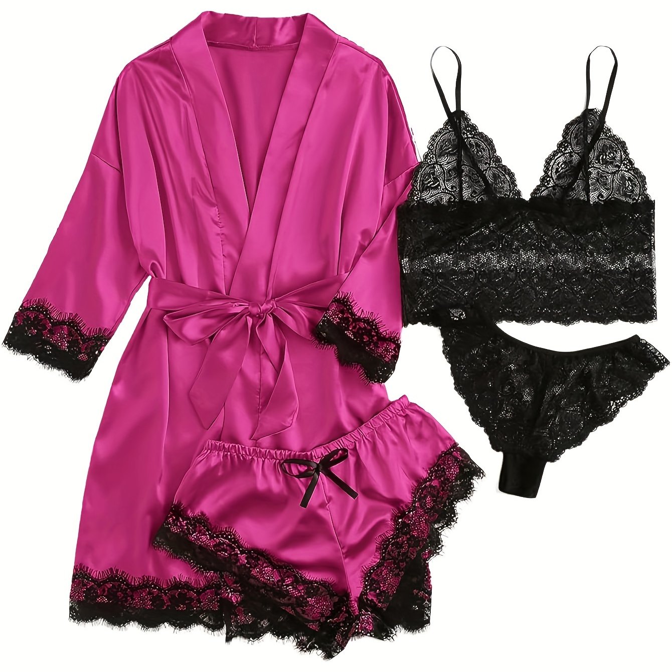Three Quarter Sleeve Satin Elegant Lounge Set, Contrast Lace Robe With Belt, Cami Bra, Panty, and Elastic Shorts, Women's Loungewear