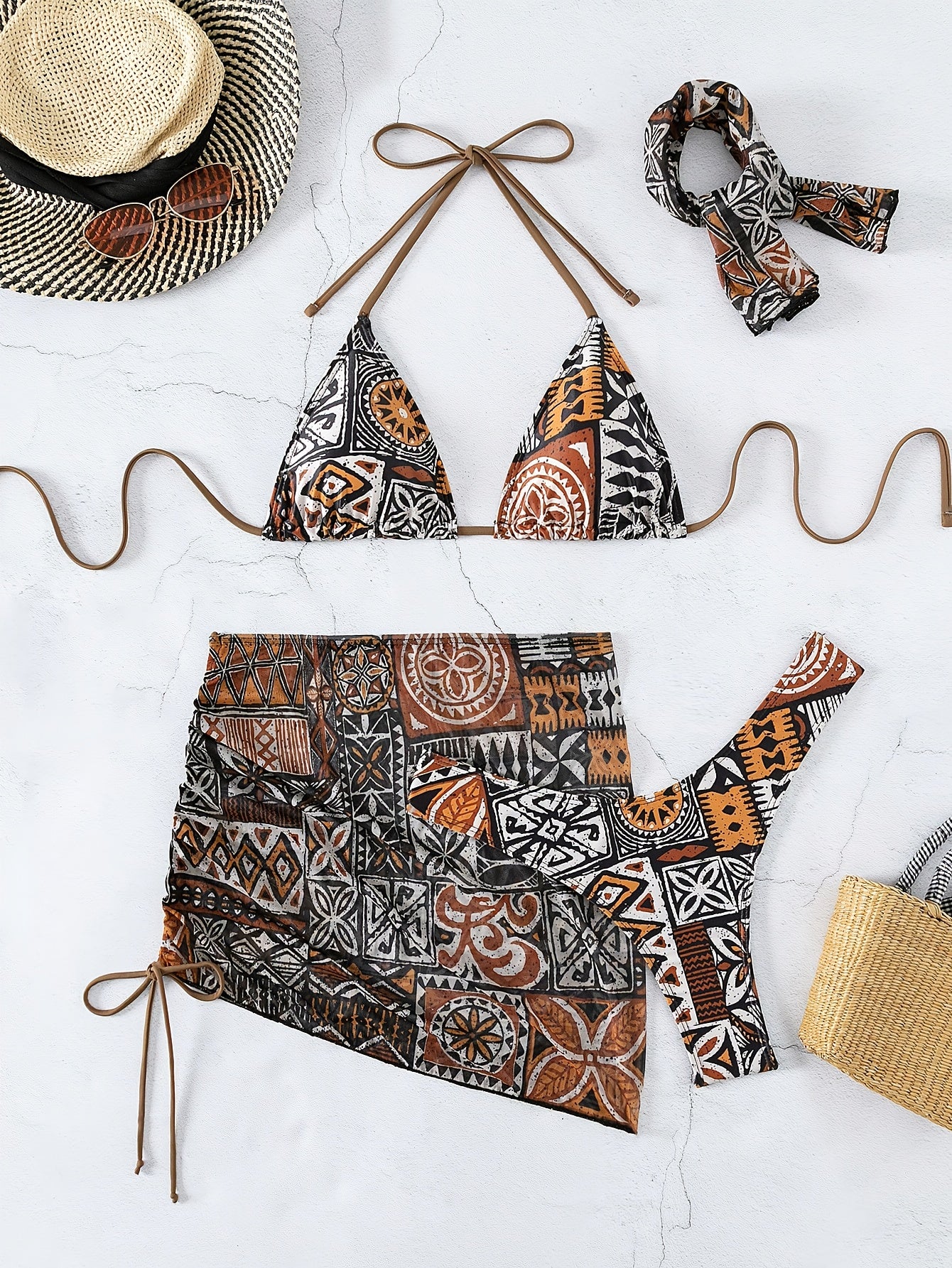 Women'S 2024 New Geometric Pattern Bikini Set with Headscarf, Polyester High Elasticity, Halter Neck, Sleeveless, Tie Detail, Swimwear Outfit for Ladies