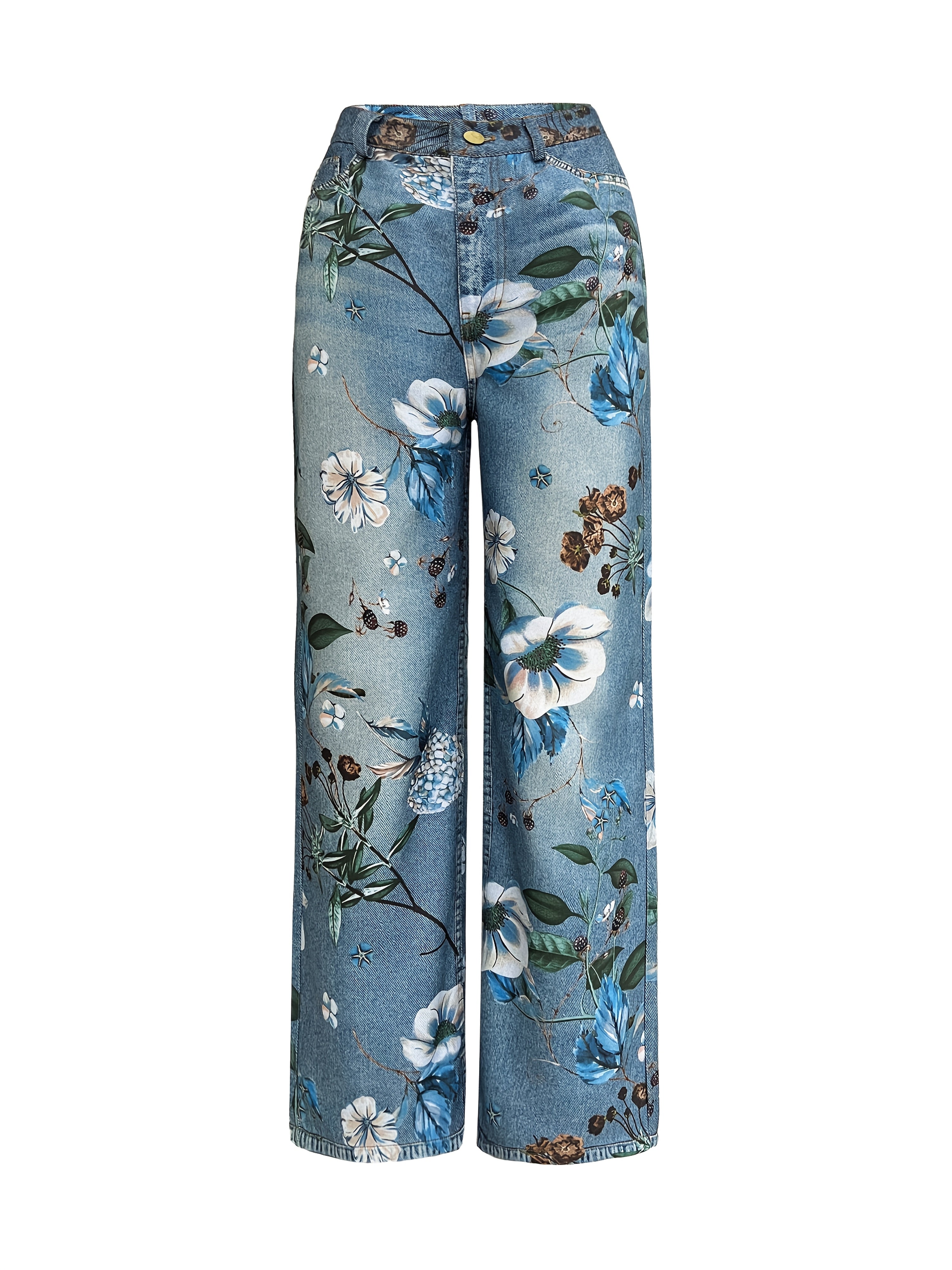 Loose-Fitting Casual Street Style Retro Floral Print High-Waisted Wide-Leg Blue Faux Denim for Women'S Fashion in All Seasons.