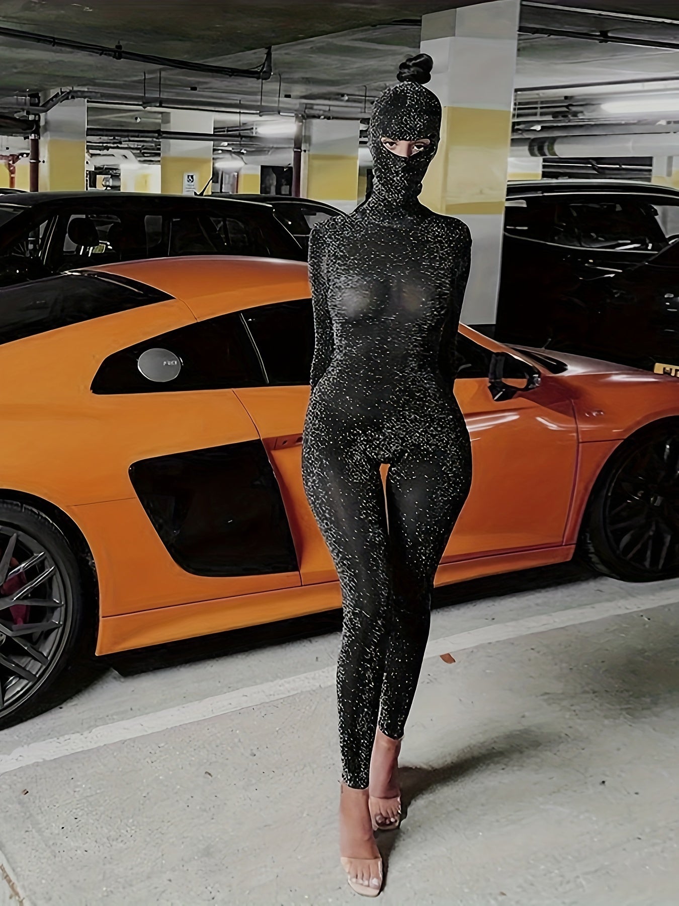 Glitter Mock Neck Jumpsuit, Backless Long Sleeve Slim Jumpsuit For Spring, Women's Clothing