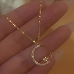 Elegant Minimalist Crescent Moon & Star Pendant Necklace - Sparkling Clavicle Chain Jewelry for Women, Versatile Dainty Design for Daily Wear, Music Festivals & Valentine’s Day Gifts, Valentine's Gift | Cute Clavicle Chain