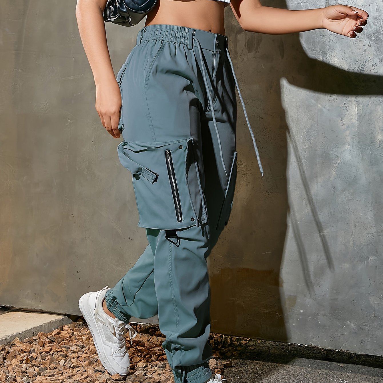 1pc Women'S Casual Cargo Pants, Polyester, Solid Color, All-Season Tapered Leg Workwear, 140g/m² Woven Fabric with 3D Pockets