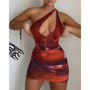 Tie-dye Printed Halter Pleated Tight-fitting DressTie-dyed Non-posture Tight-fitting Dress