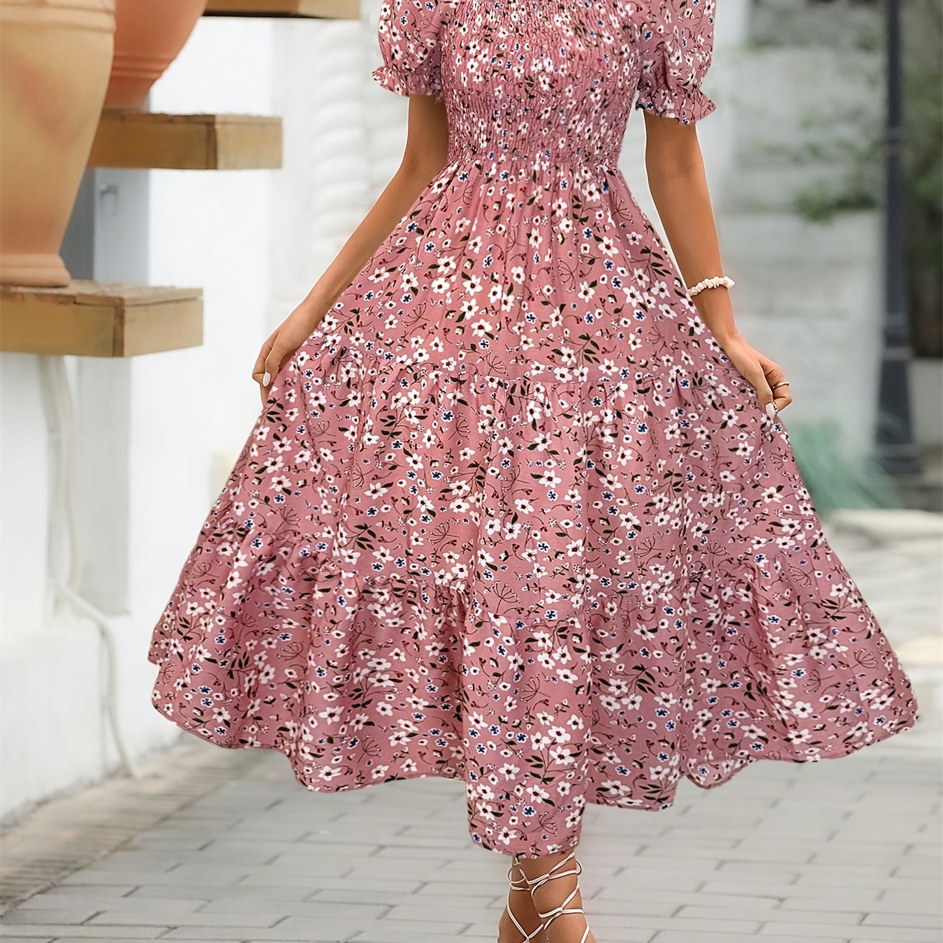 Women'S Elegant Floral Print Midi Dress with Ruffle Sleeves and Square Neck - Loose Fit, Sleeveless, Polyester Lined, Perfect for Spring/Summer, Casual Attire|Floral Print Dress|Polyester Lined Dress