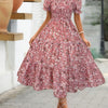 Women'S Elegant Floral Print Midi Dress with Ruffle Sleeves and Square Neck - Loose Fit, Sleeveless, Polyester Lined, Perfect for Spring/Summer, Casual Attire|Floral Print Dress|Polyester Lined Dress
