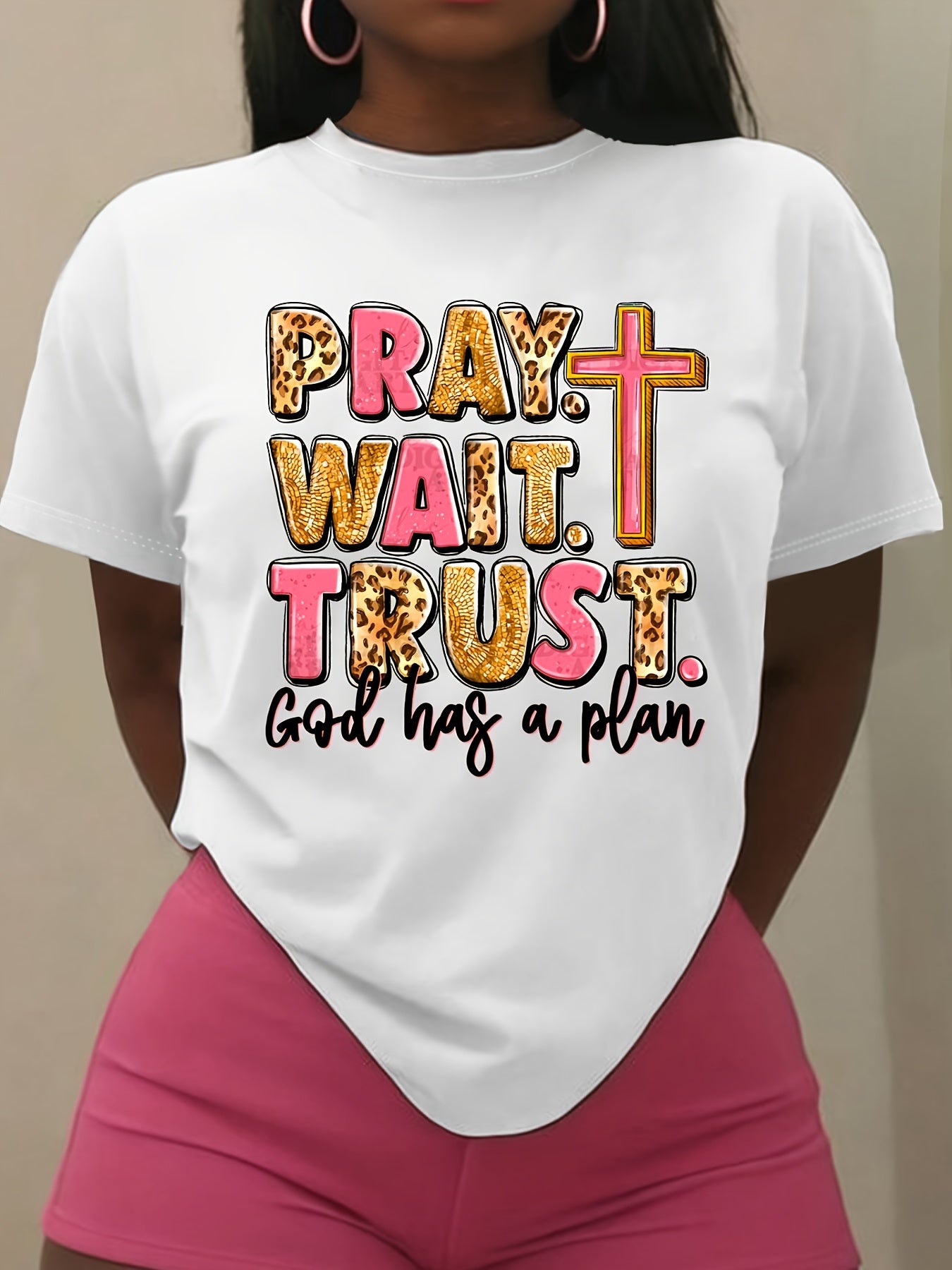 Women's "Pray. Wait. Trust. God Has a Plan" Inspirational T-Shirt - Casual Crew Neck, Short Sleeve, Soft Knit, Regular Fit, All-Season Wear, 180gsm, Machine Washable, Ladies T Shirts