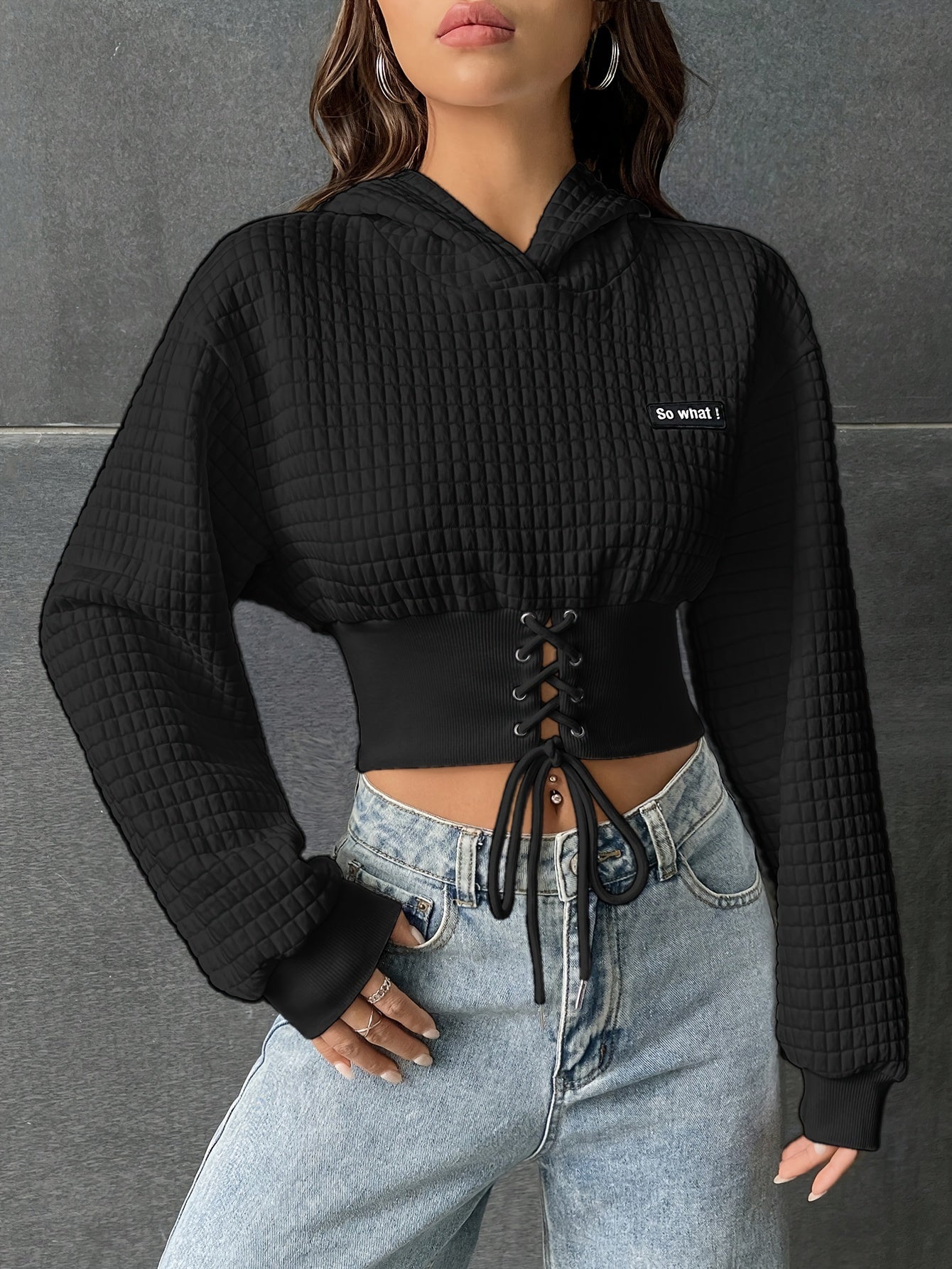 Lace Up Crop Drop Shoulder Hoodie, YOUNG Long Sleeve Hoodies Sweatshirt, Women's Clothing