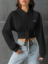 Lace Up Crop Drop Shoulder Hoodie, YOUNG Long Sleeve Hoodies Sweatshirt, Women's Clothing