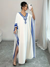 Women'S Elegant V-Neck Maxi Dress with Batwing Sleeves & Striped Detail - Casual Kaftan Style, Lightweight Polyester, Perfect for Spring/Fall, Adult Clothing | Vneck Dress | Striped Detail Dress