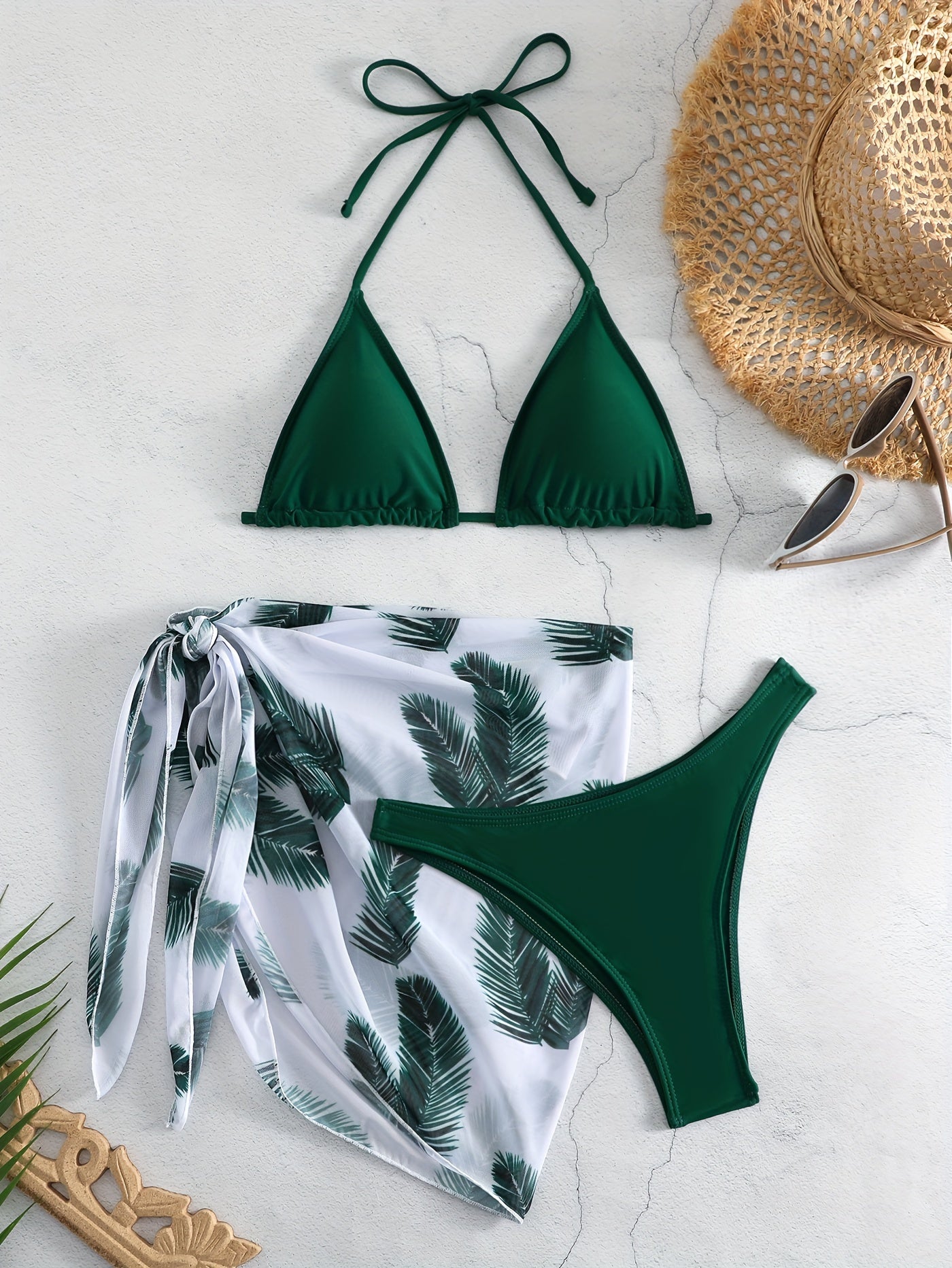 3-Piece Feather Print Bikini Sets, Halter Neck Tie Back Backless High Cut With Cover Up Wrap Swimsuit, Women's Swimwear & Clothing