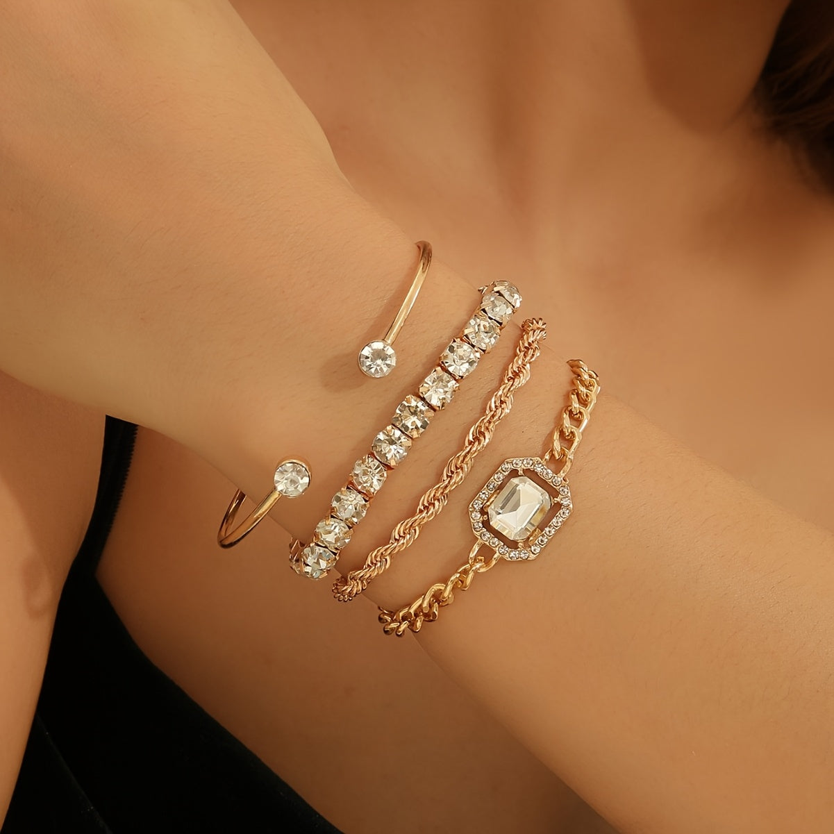 4pcs/Set Elegant Imitation Gemstone Rhinestone Claw Chain Twist Bracelet Open Bangle for Women, Perfect for Vacation & Casual Attire