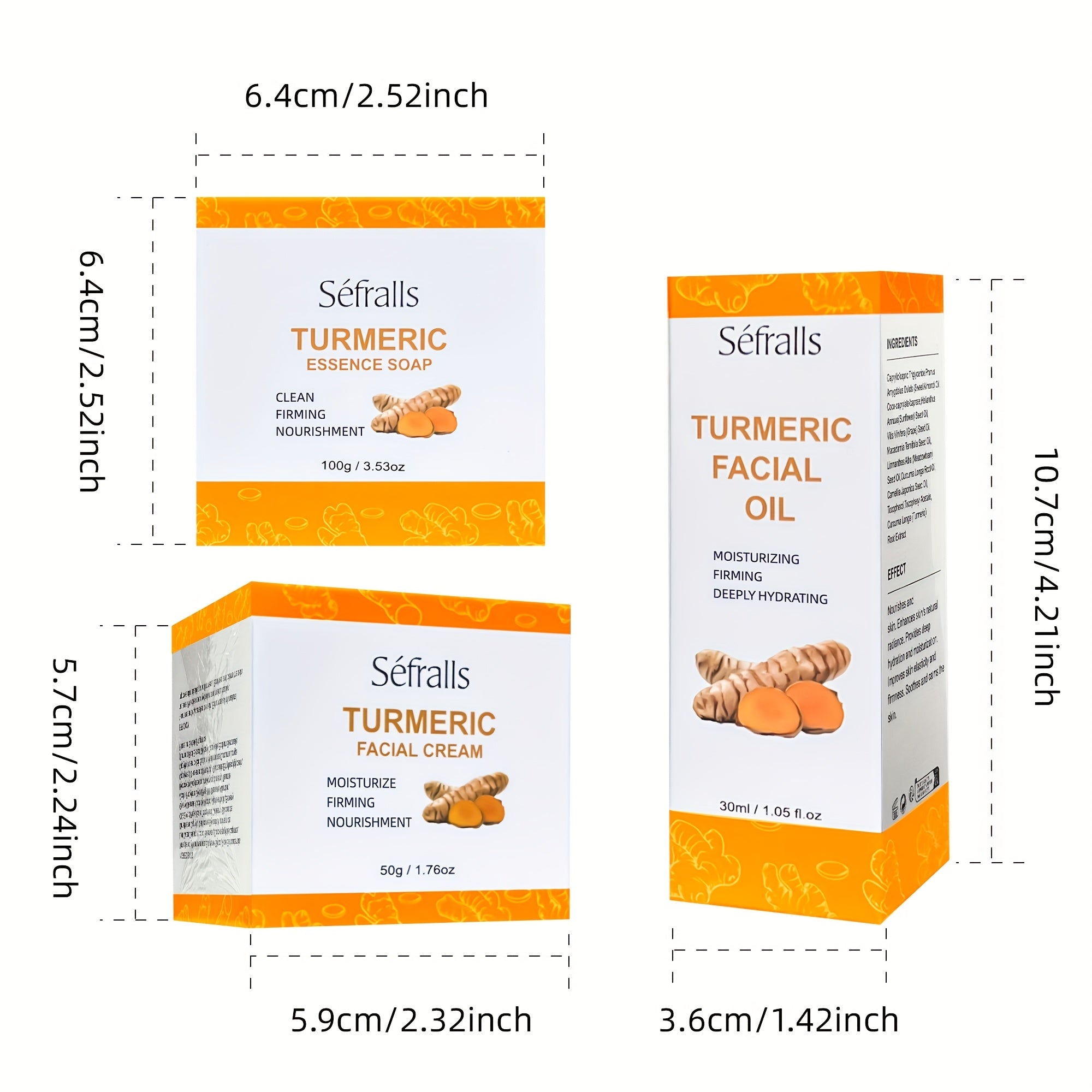 Séfralls Turmeric 3pcs/Set (TURMERIC FACIAL CREAM, TURMERIC ESSENCE SOAP, TURMERIC FACIAL OIL) Plant Extract Cleaning And Moisturizing Skin Care Set Natural Ingredients Mild And Non Irritating Cleaning Hand Soap Moisturizing