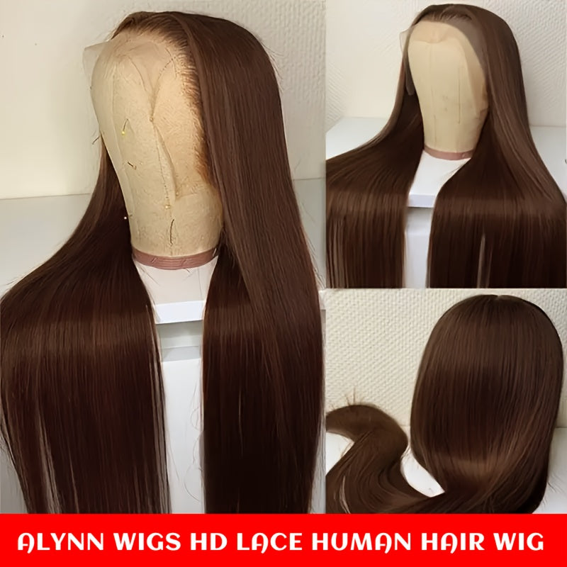 Spring 255% Straight Human Hair Full HD Lace T Part Straight Lace Frontal Wig Chocolate Brown Brazilian Hair #4 Dark Brown 13X6X1 Transparent Lace Front Wig Natural Hairline 13X6 T Part Wig with Baby Hair for Women Daily Wear