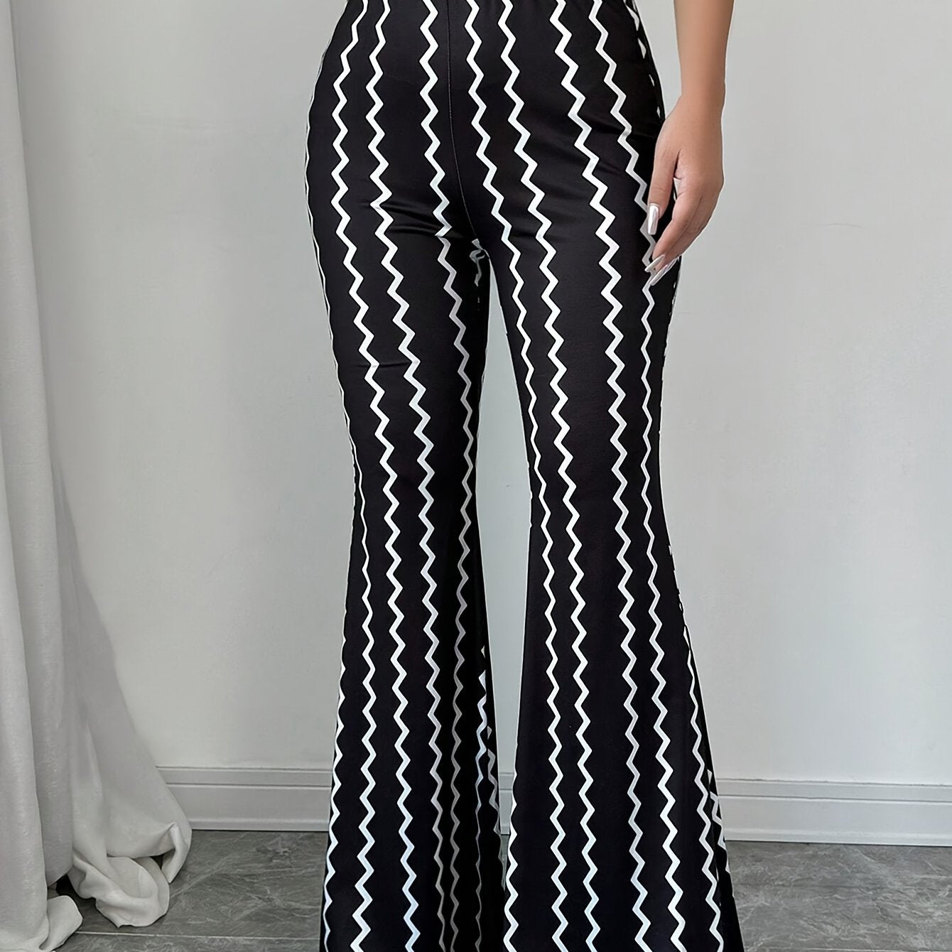 Women's Elegant High-Waisted Flare Pants - Black & White Striped Bell Bottoms with Herringbone Pattern, Machine Washable Polyester Blend for Spring/Fall, Ladies Pants