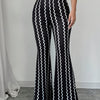 Women's Elegant High-Waisted Flare Pants - Black & White Striped Bell Bottoms with Herringbone Pattern, Machine Washable Polyester Blend for Spring/Fall, Ladies Pants