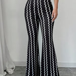Women's Elegant High-Waisted Flare Pants - Black & White Striped Bell Bottoms with Herringbone Pattern, Machine Washable Polyester Blend for Spring/Fall, Ladies Pants