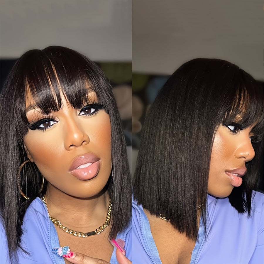 Elegant Straight Brazilian Human Hair Bob Wig with Bangs, Density, Glueless Short Wigs for Women, Rose Net Cap, Natural Look, Straight Hair, Human Hair, with Fring
