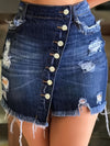 Women's Vintage-Style Denim Mini Skirt with Distressed Details and Raw Hem - Stretchy, Button-Fly Closure, Frayed Edges, Ideal for Spring/Summer/Fall, Denim Skirt