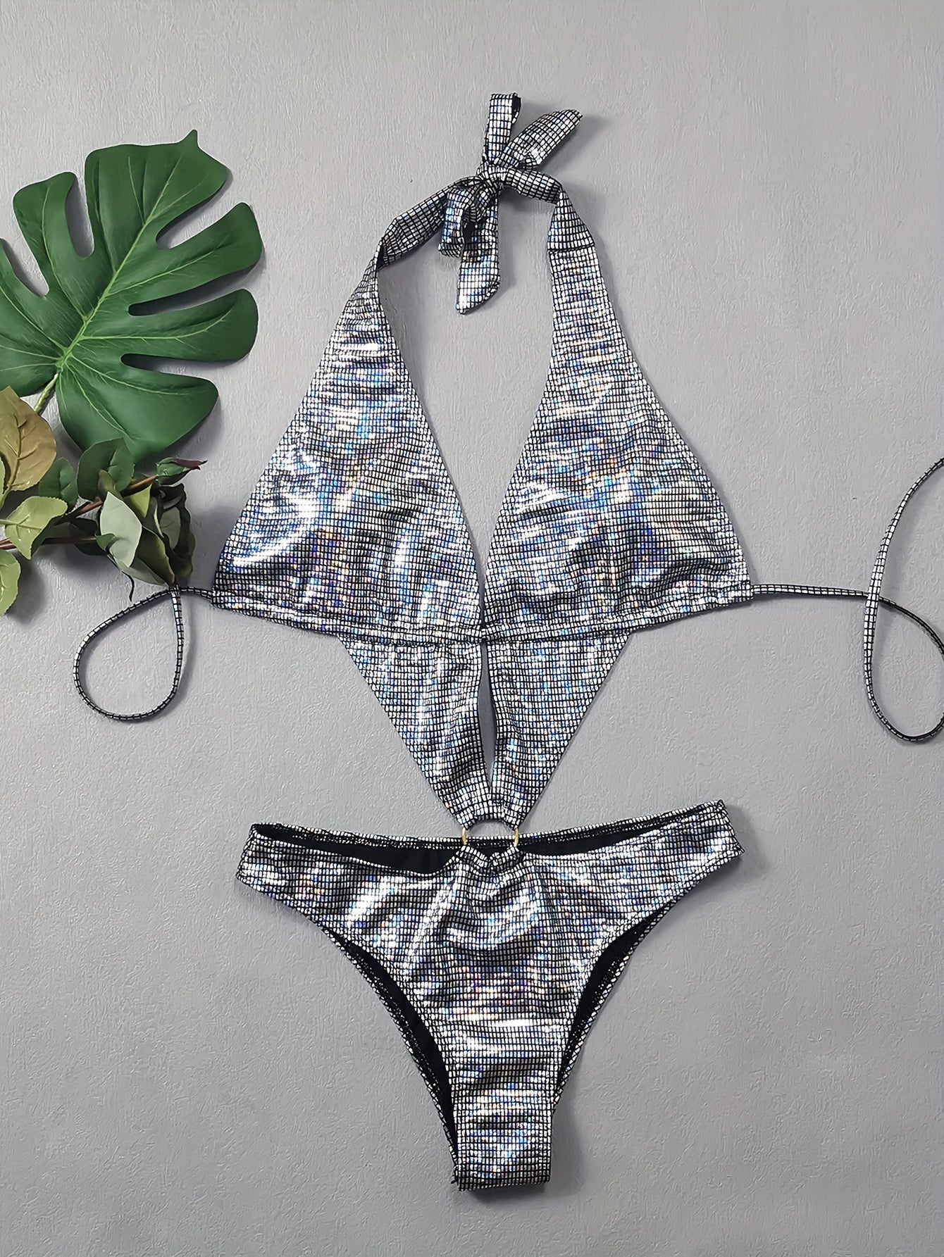 2024 New Silvery Shiny And Sexy Bikini With Round Ring Decoration For Women's Swimwear, Popular In Foreign Trade