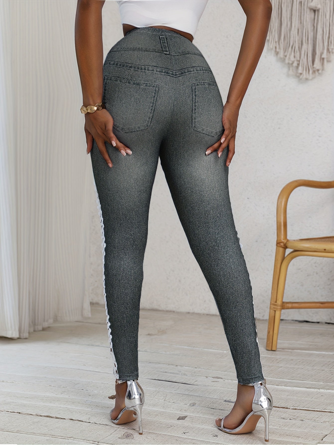 Ladies' High-Elasticity Leggings Made of Faux Denim, Featuring 3D Printing, Casual Style, Hollow Floral, And Lace Decorations for Comfortable Sportswear.