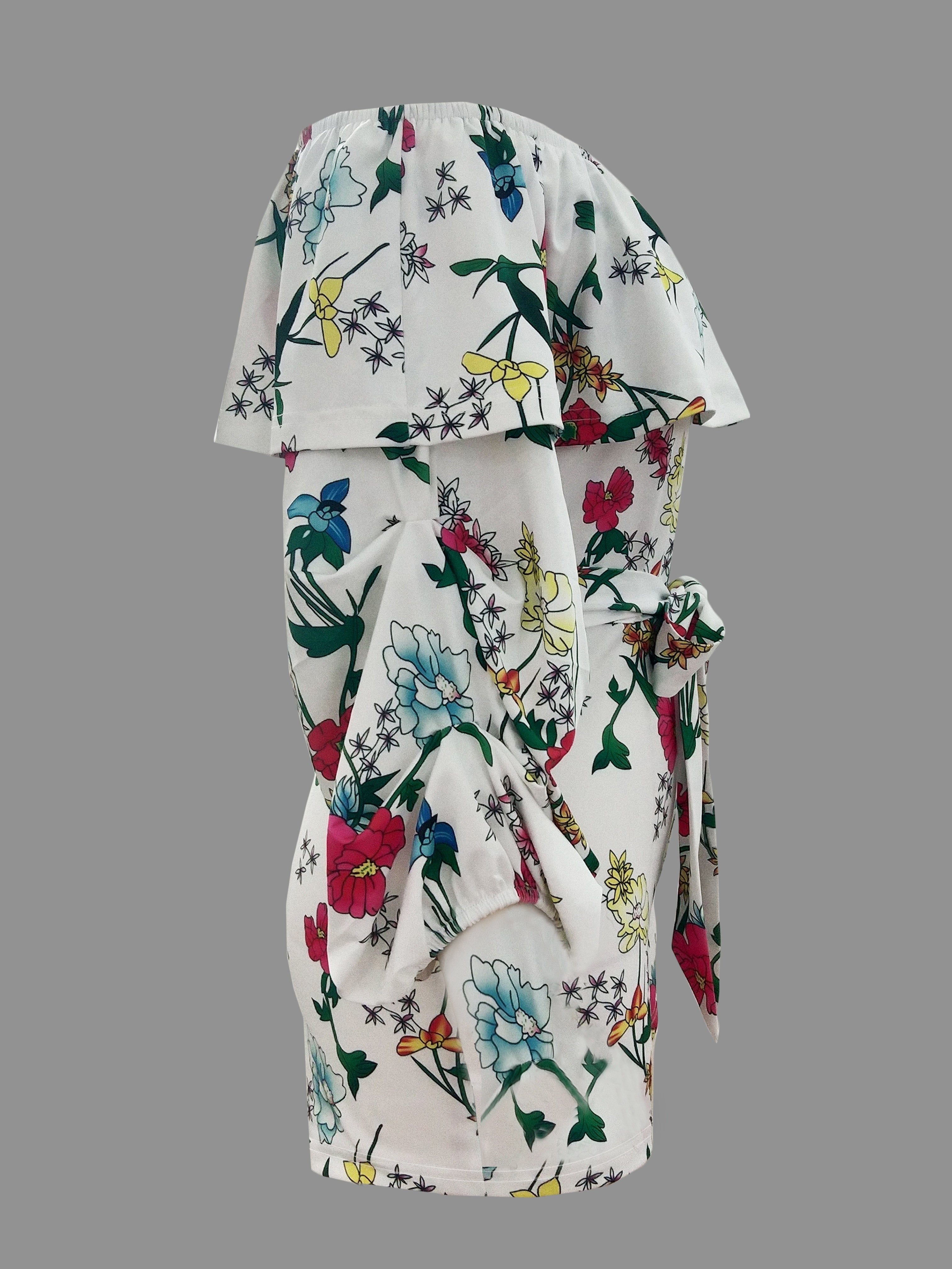 Floral Print Off Shoulder Romper Jumpsuit, Elegant Backless Tie Waist Ruffle Trim Skinny Romper Jumpsuit, Women's Clothing
