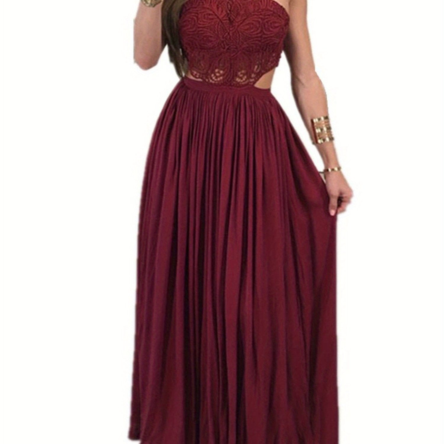 Women's Sexy Off-Shoulder Crochet Lace Halter Neck Dress - High Waist Pleated Maxi Evening Gown for Weddings, Parties & Formal Events