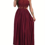 Women's Sexy Off-Shoulder Crochet Lace Halter Neck Dress - High Waist Pleated Maxi Evening Gown for Weddings, Parties & Formal Events