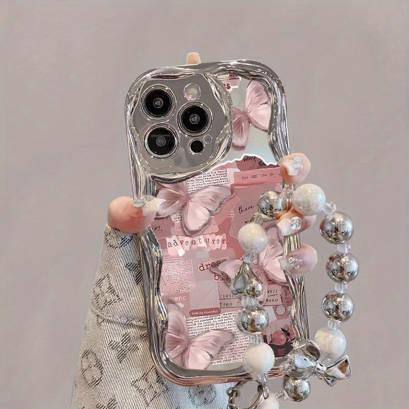 Pink Butterfly And Collage Elements for a Romantic And Sweet Atmosphere, with Silver Bead Chain Phone Case, Suitable for Iphone 11, 12, 13, 14 And 15 Pro Max, 16PLUS