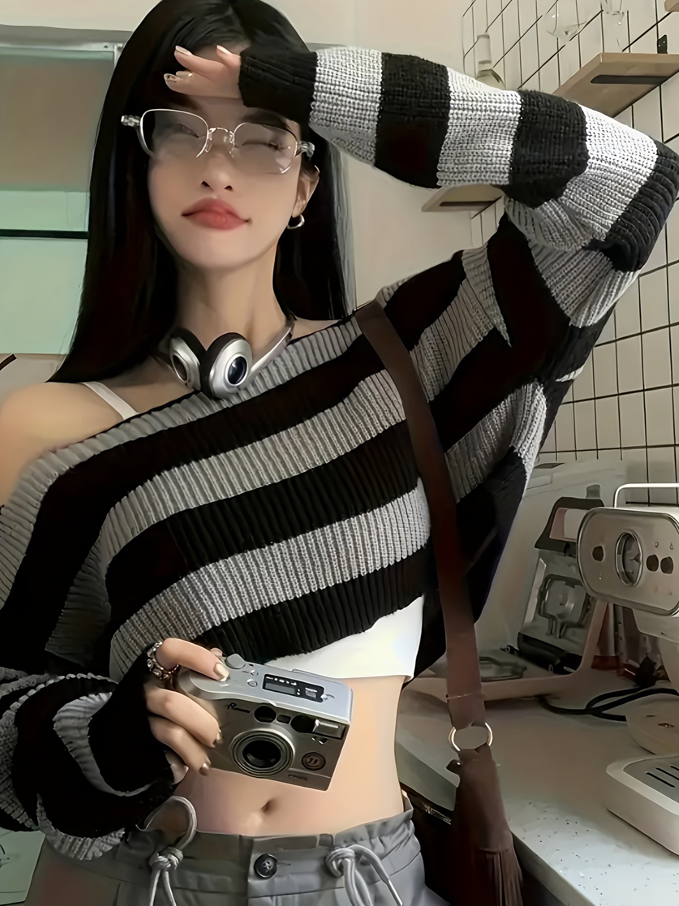 Chic Striped Crop Sweater for Women - Long Sleeve, Round Neck, Polyester Knit Pullover
