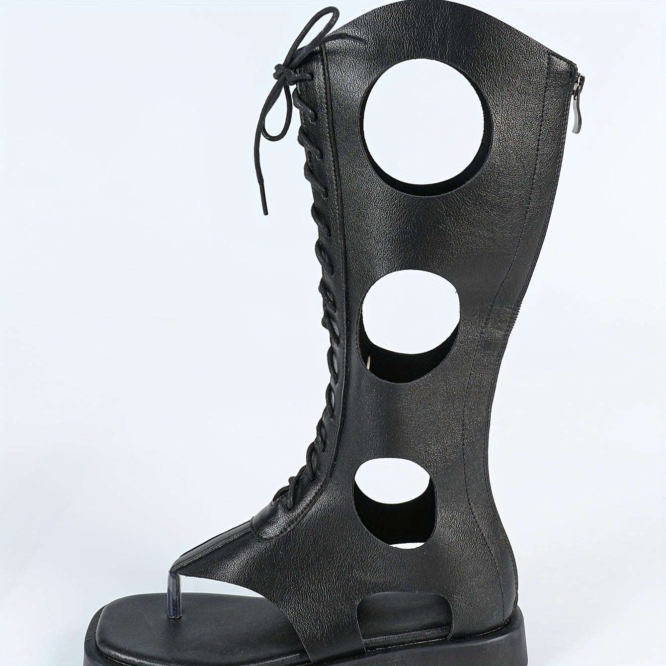 Women's Trendy Roman Flat Mid-Calf Boots with Round Lace-Up Cut-Out Design, Black PU Cover Open Toe Sandals, Stylish and Versatile for All Seasons, Allseason Boots | Chic Footwear | Pu Cover Boots