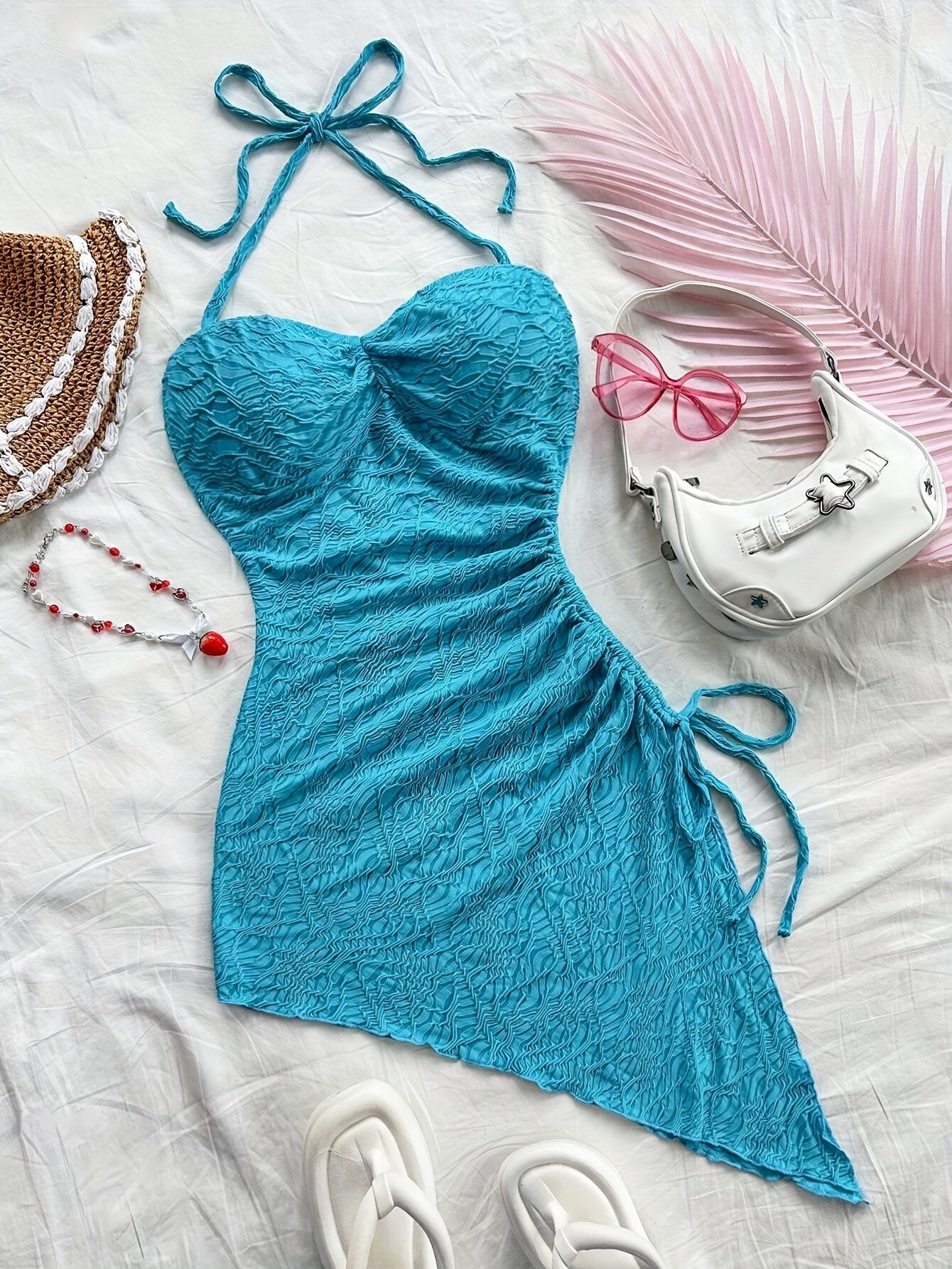 Women's Summer Jacquard Halter Dress with Asymmetrical Hem and Drawstring Detail - Vibrant Teal Blue, Vacation-Ready Wrap Style, Polyester Fabric, Perfect for Beach or Casual Outings, Beach Dress