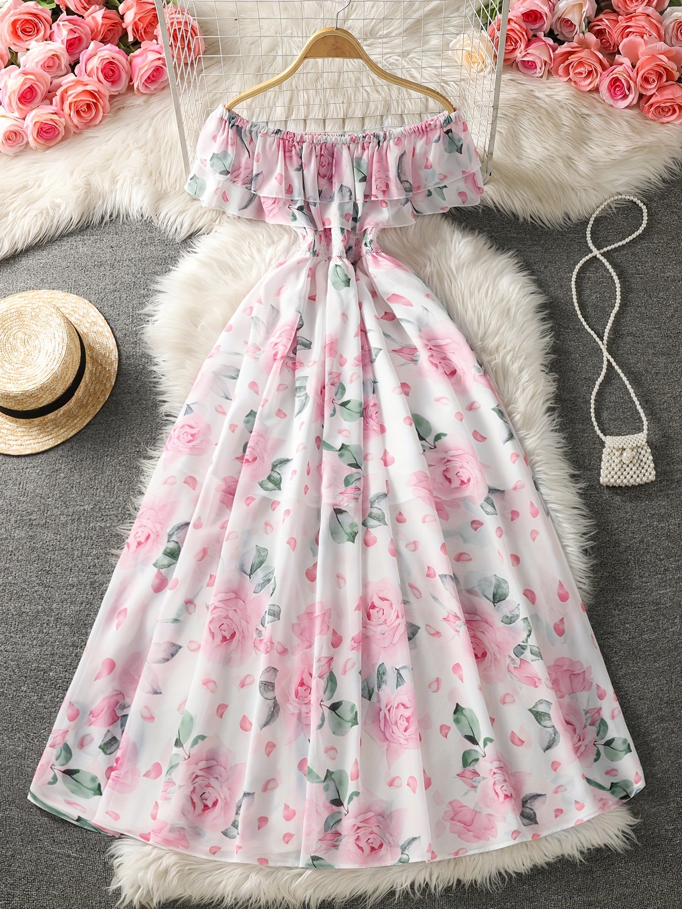 Elegant Women's Floral Print Off-Shoulder Dress - Ruffled Hem, Sleeveless, Polyester, Perfect for Spring/Summer