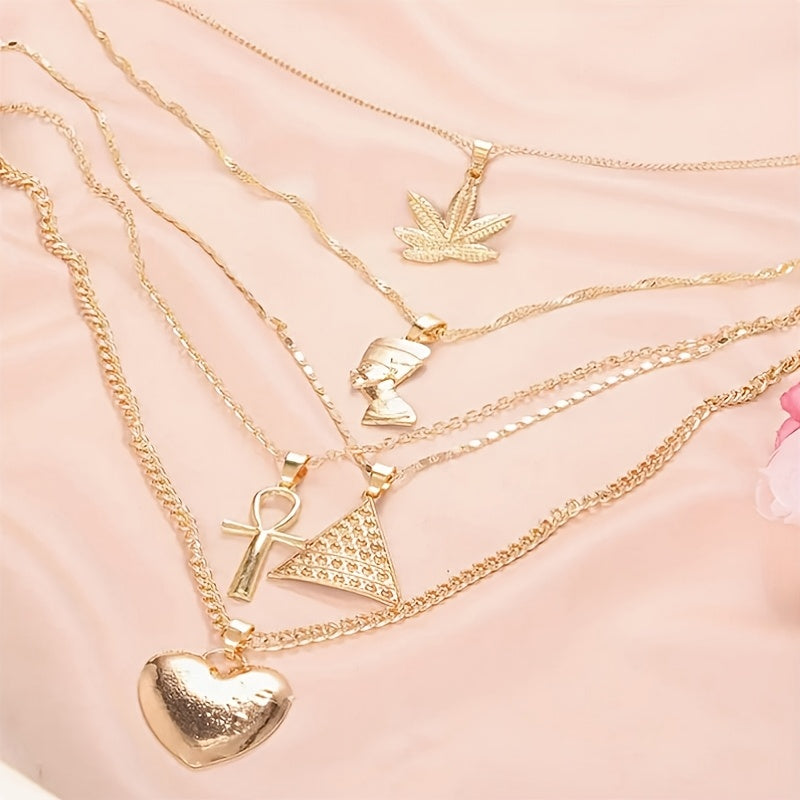 A Set Bohemian Style Multi-layered Necklace Collarbone Chain, Featuring Maple Leaves, Egyptian Pharaohs, Pyramids, And Heart-shaped Pendants - Suitable for Women's Daily Party Fashion Jewelry, Holiday Gifts