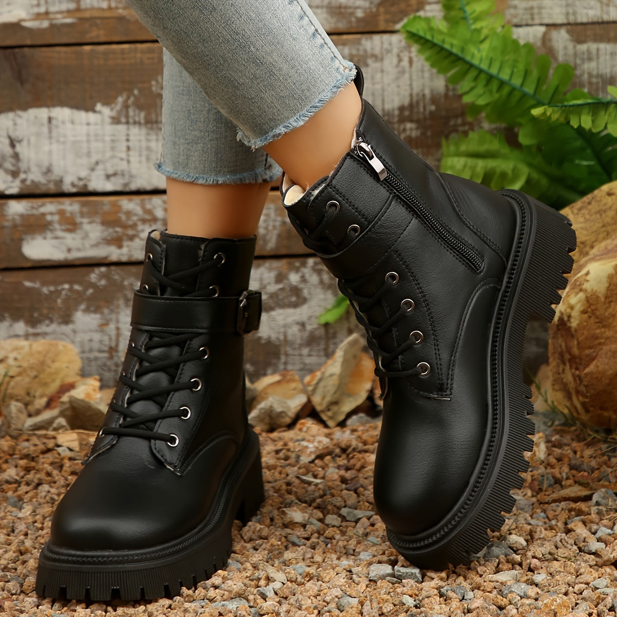 1pr Women's Mid-Calf Fleece-Lined Riding Boots, Plain Toe, Man-Made Upper, Fabric Inner & Insole, PVC Sole