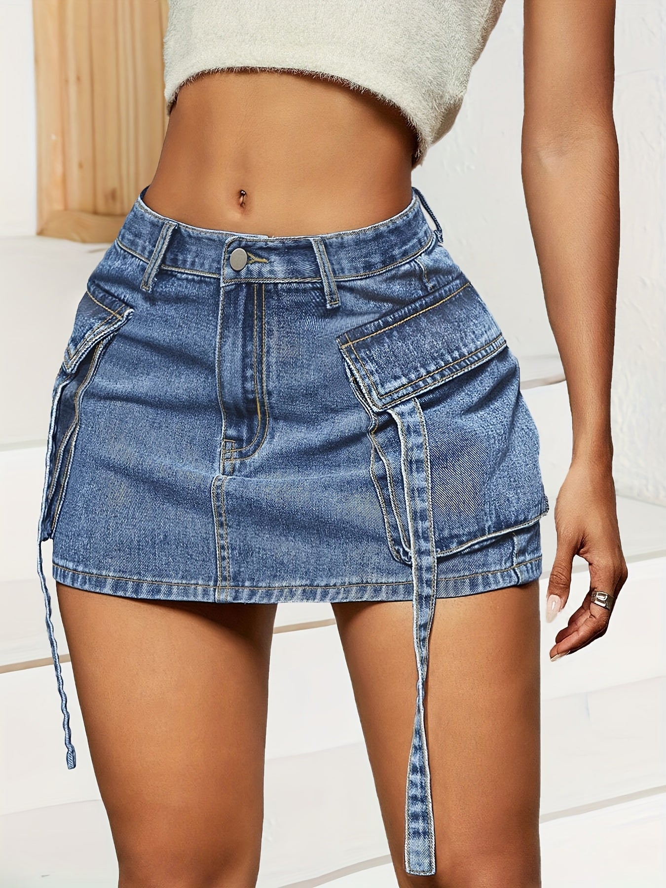 Blue Tooling Flip Side Pocket Personality Wash Jeans Short Skirt High Waist Tight Bag Hip Sexy Street Unique Design Fashion Spring And Summer Women'S Cowboy Overskirt