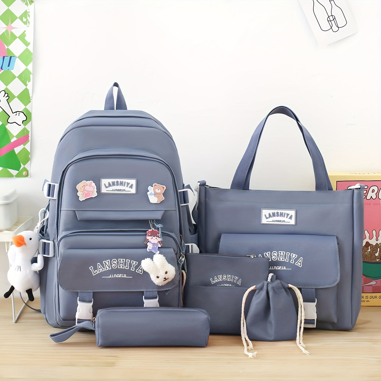 5 - Piece Set of Solid - Color Student Backpack Sets, Large - Capacity And Multifunctional, with Adorable Charms And Badges