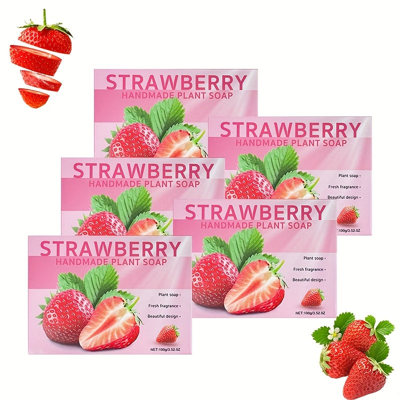 5pcs Family Set Of Natural Handmade Strawberry Flavored Soap, Suitable For The Whole Family To Use, Keeps The Skin Hydrated, Moisturizes The Skin, Provides Long-lasting Hydration, Gently Cleanses, And Has A Sweet And Fruity A