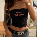 Y2K-Inspired "Move, I'm Gay" Letter Print Women'S Tube Top - Chic & Bold Black, Casual Summer Essential for Pride, Everyday Fashion|Bold Lettering Top|StringBack Closure