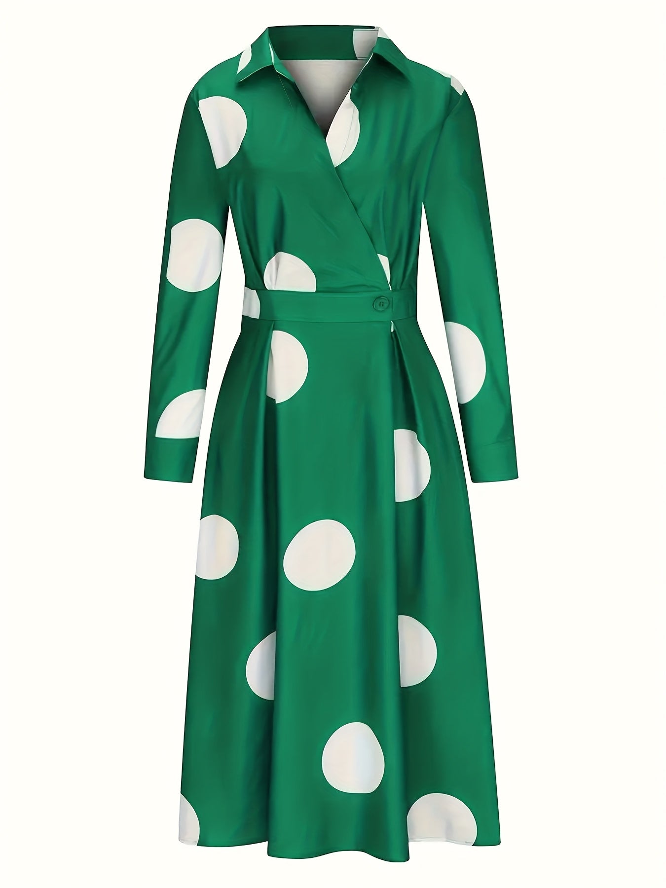 Women'S Elegant Long-Sleeve V-Neck Polka Dot Dress - White with Black Dots, Pencil Fit, Perfect for Spring/Summer/Fall, Casual Attire|Pencil Fit Dress|Vneckline Dress