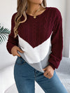 Elegant Color Block Crew Neck Sweater for Women – Cozy Mid-Stretch Acrylic Knit Pullover for Fall/Winter Comfort